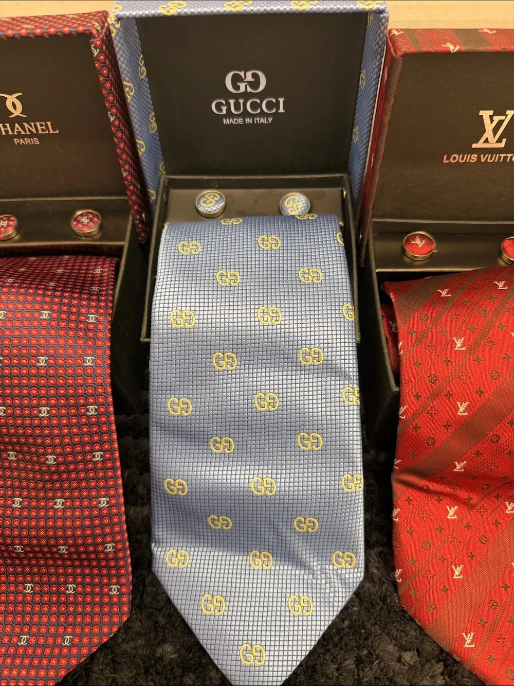 three designer Silk Tie with Matching Cufflinks.
